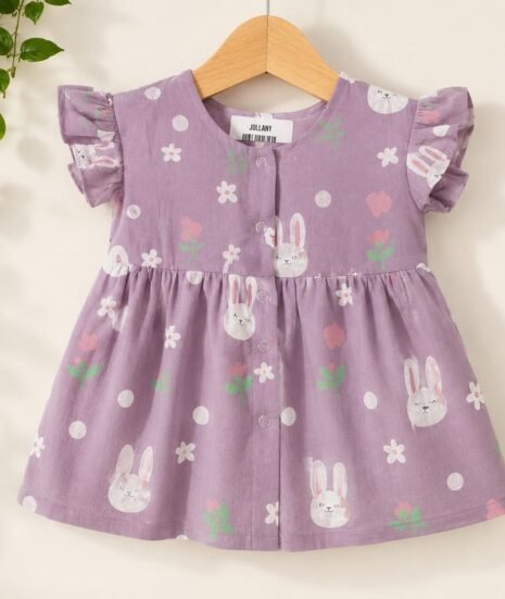 Baby Girls Lavender Bunny Print Cotton Frock with Flutter Sleeves in Soft Cotton Fabric