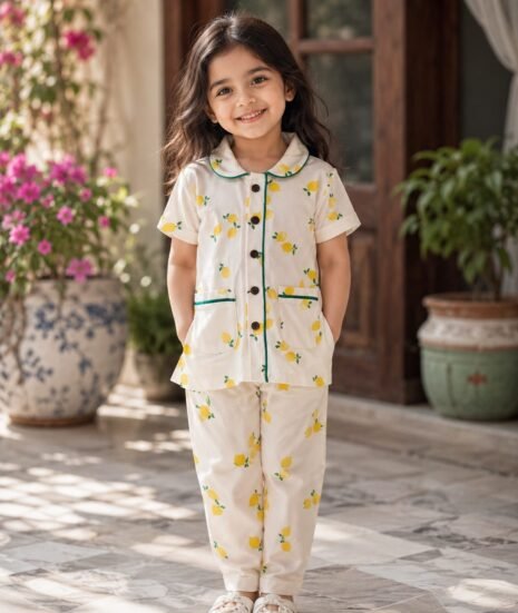 Girls Lemon Print Cotton Night Suit