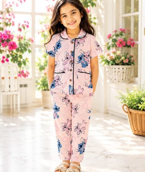 Girls cartoon Print Cotton Night Suit Set with Collared Shirt and Pajama