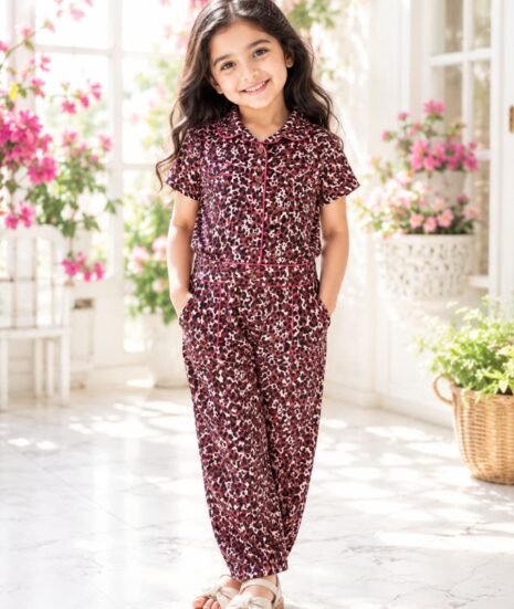 Girls Leopard Print Cotton Night Suit Set with Matching Pajama