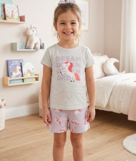 Girl wearing unicorn print cotton T-shirt and shorts night suit set