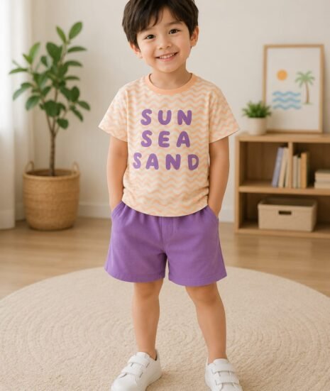 Boy wearing Sun Sea Sand printed cotton T-shirt with purple shorts