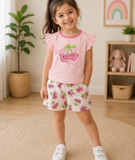 Girl wearing pink cherry print cotton T-shirt and matching shorts set